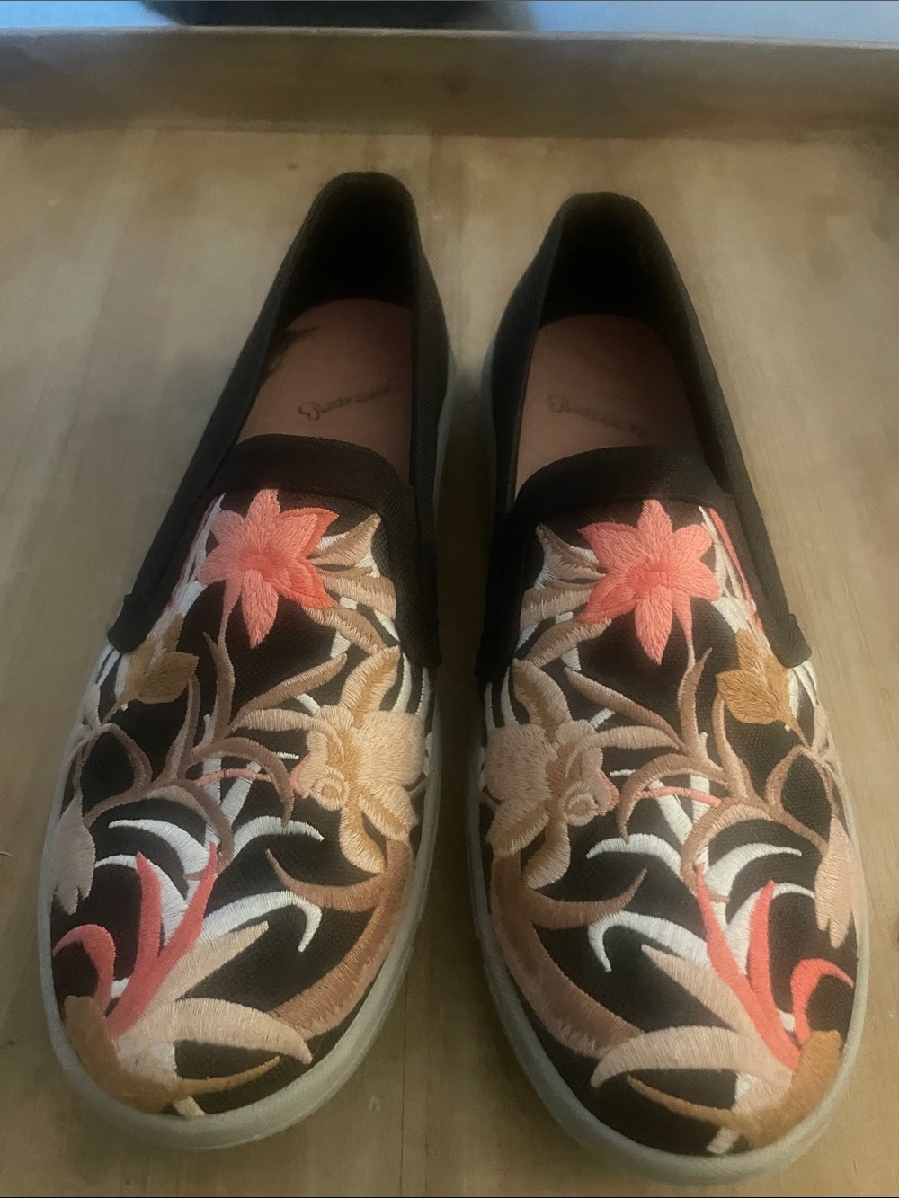 BareTraps Bonaire Black Slip-On Loafers with Pink & Beige Floral Embroidery